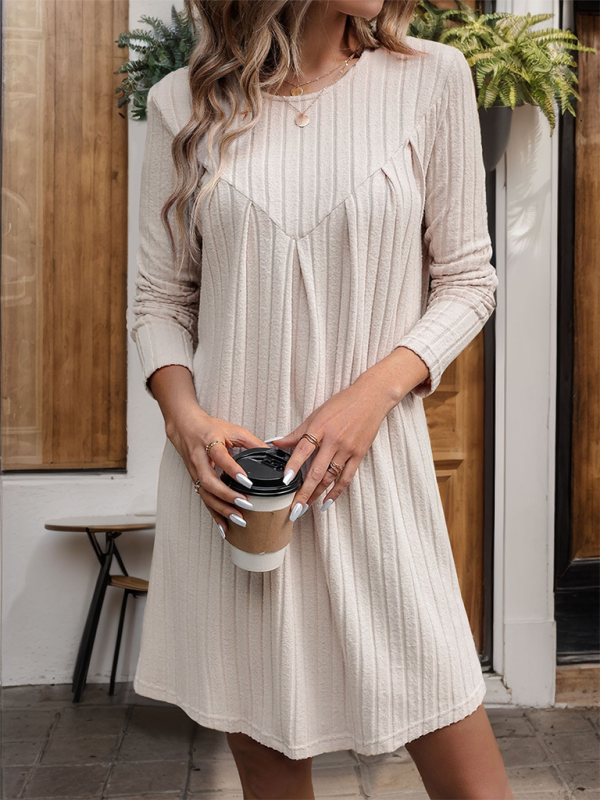 Casual Dresses- Women Long Sleeve Swing Dress in Ribbed- - Pekosa Women Fashion