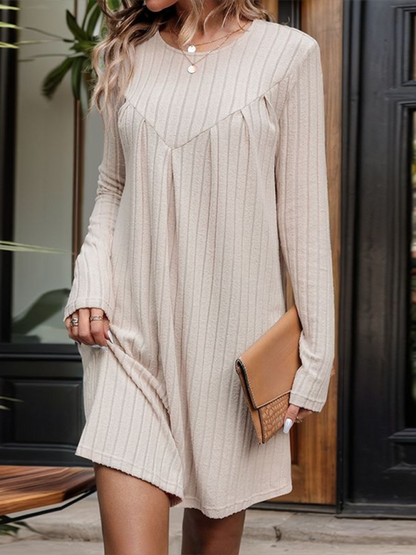 Casual Dresses- Women Long Sleeve Swing Dress in Ribbed- Khaki- Pekosa Women Fashion