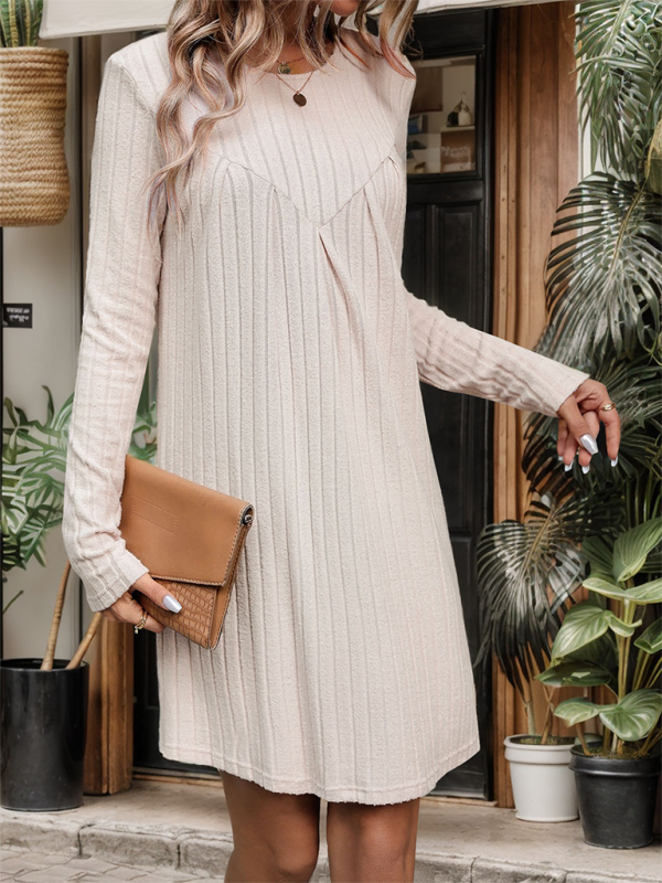 Casual Dresses- Women Long Sleeve Swing Dress in Ribbed- - Pekosa Women Fashion