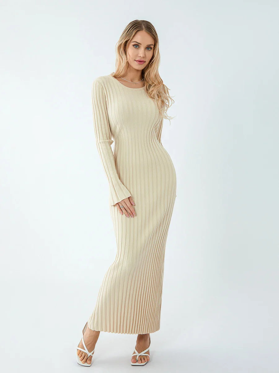 Casual Dresses- Women Ribbed Long Sleeve Dress with Back Tie- - Pekosa Women Fashion