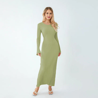 Casual Dresses- Women Ribbed Long Sleeve Dress with Back Tie- - Pekosa Women Fashion