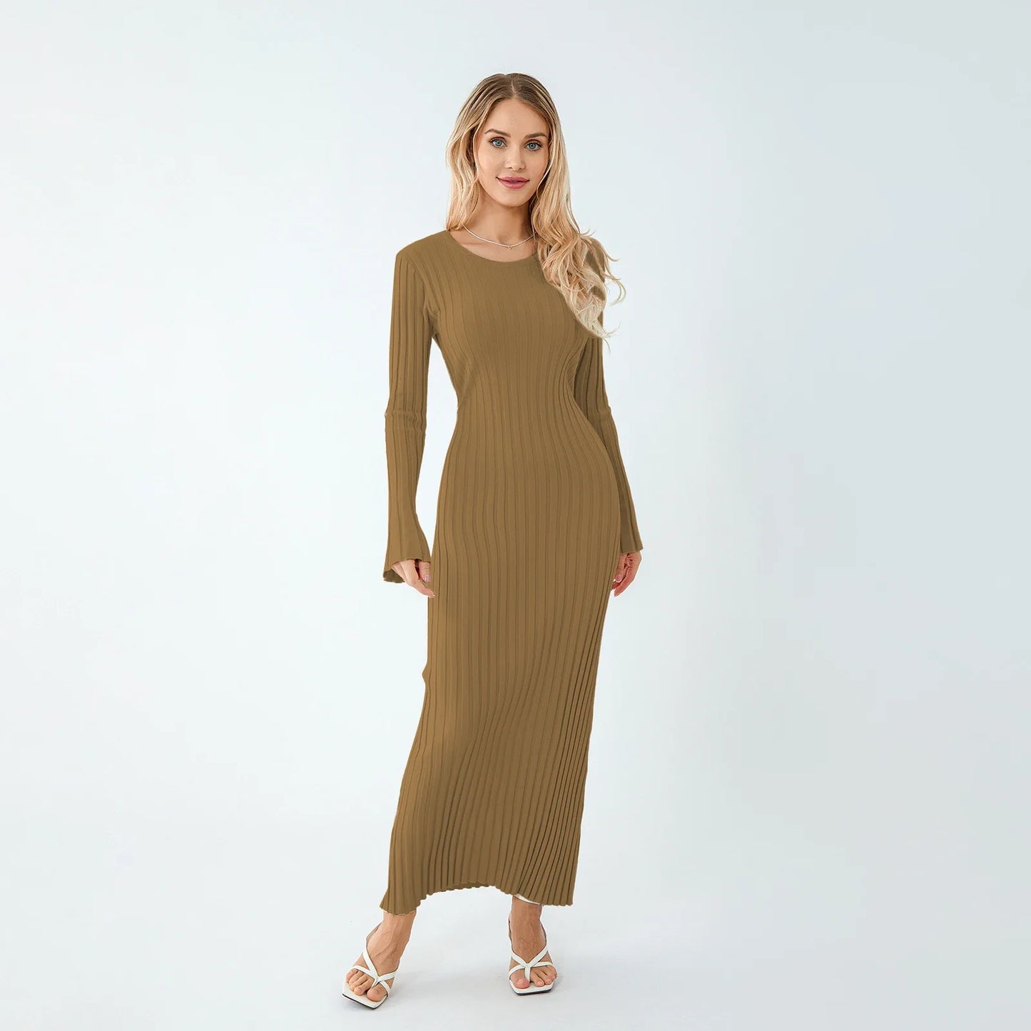 Casual Dresses- Women Ribbed Long Sleeve Dress with Back Tie- Camel- Pekosa Women Fashion