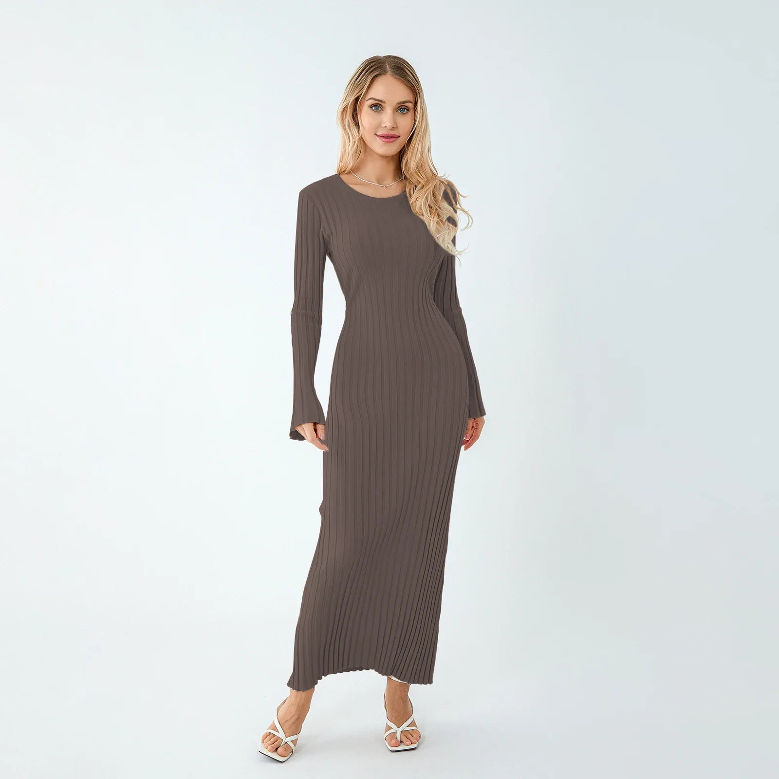 Casual Dresses- Women Ribbed Long Sleeve Dress with Back Tie- - Pekosa Women Fashion