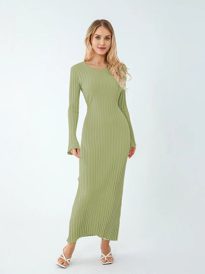 Casual Dresses- Women Ribbed Long Sleeve Dress with Back Tie- Green- Pekosa Women Fashion