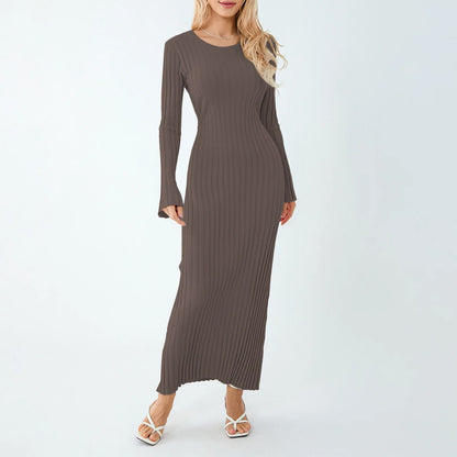 Casual Dresses- Women Ribbed Long Sleeve Dress with Back Tie- Grayish Apricot- Pekosa Women Fashion