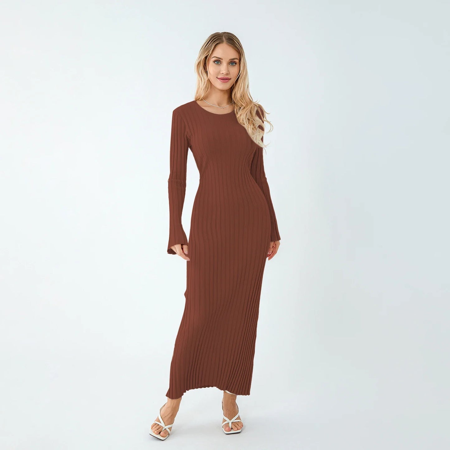 Casual Dresses- Women Ribbed Long Sleeve Dress with Back Tie- Reddish Coffee- Pekosa Women Fashion