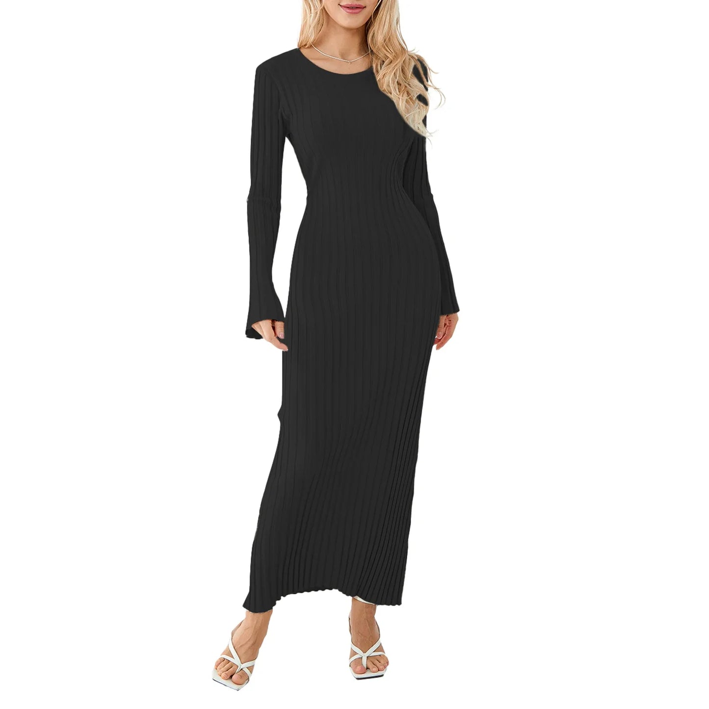 Casual Dresses- Women Ribbed Long Sleeve Dress with Back Tie- Black- Pekosa Women Fashion