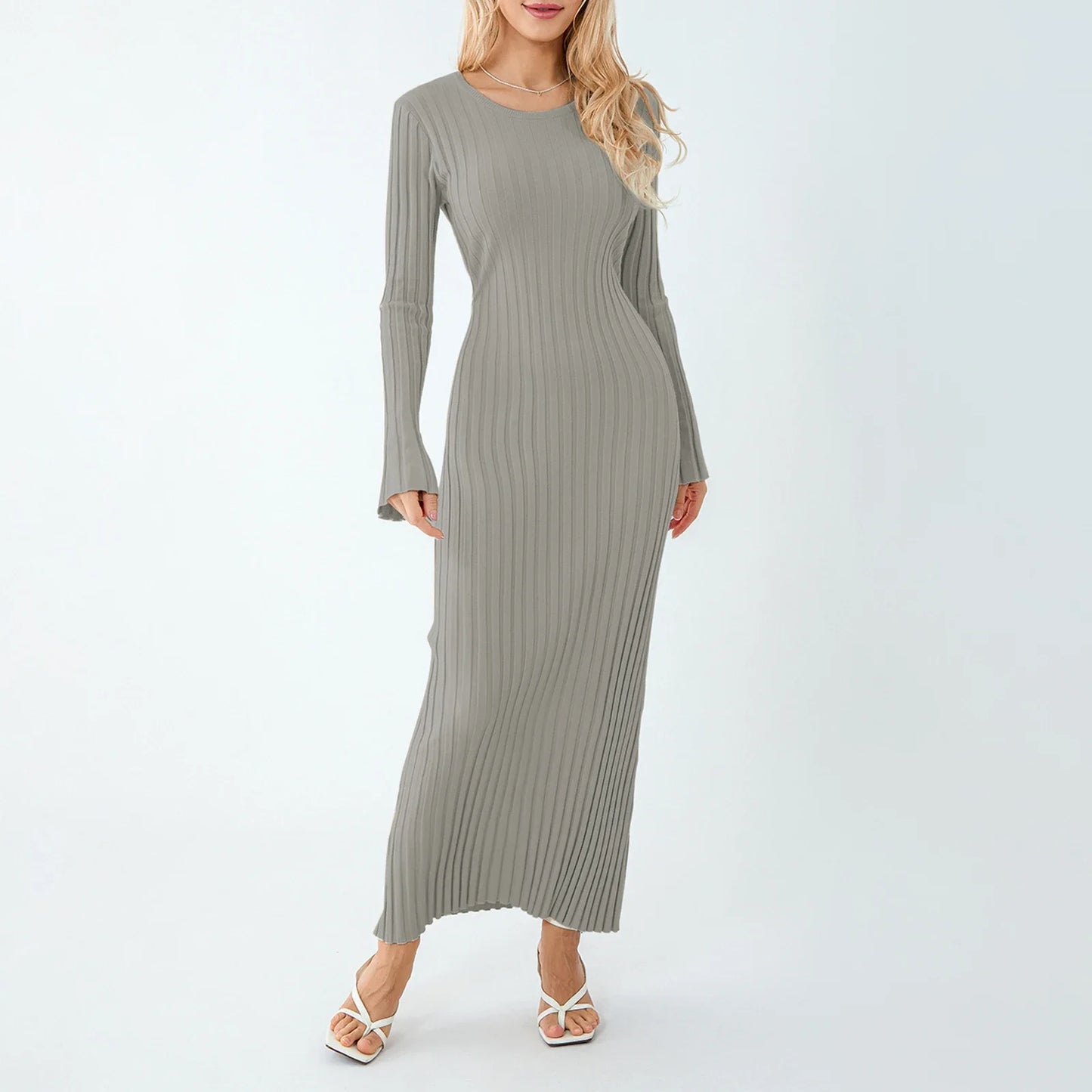 Casual Dresses- Women Ribbed Long Sleeve Dress with Back Tie- Light Gray- Pekosa Women Fashion