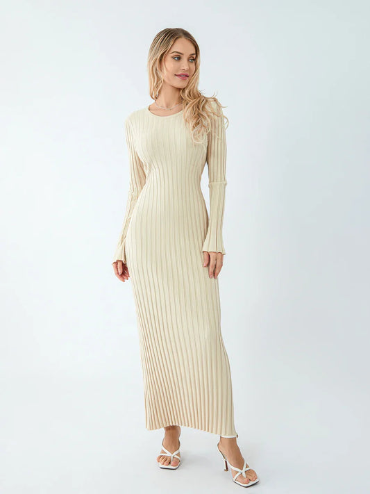 Casual Dresses- Women Ribbed Long Sleeve Dress with Back Tie- - Pekosa Women Fashion