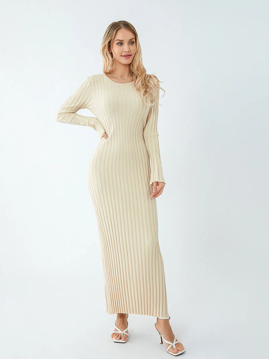 Casual Dresses- Women Ribbed Long Sleeve Dress with Back Tie- - Pekosa Women Fashion