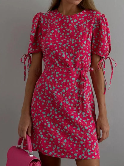 Casual Dresses- Women Teal and Yellow Floral Print Dress with Tie Sleeves- Pink- Pekosa Women Fashion