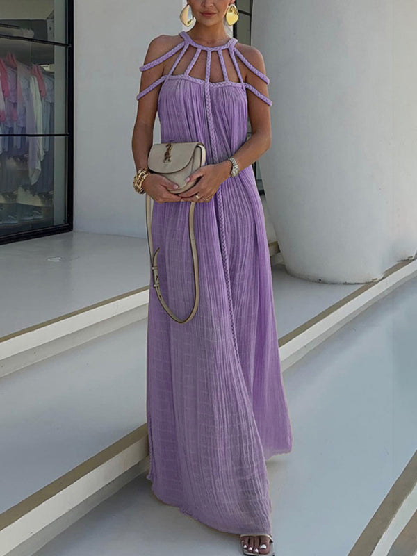 Casual Dresses- Women's Backless Maxi Dress with Braided Neck and Loose Tunic Fit- Purple- Pekosa Women Fashion