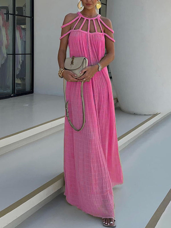 Casual Dresses- Women's Backless Maxi Dress with Braided Neck and Loose Tunic Fit- Rose- Pekosa Women Fashion