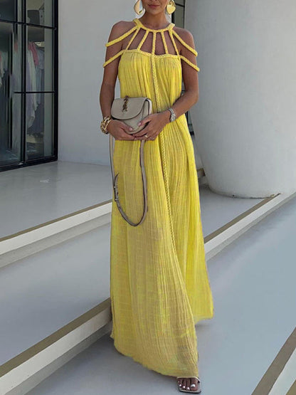 Casual Dresses- Women's Backless Maxi Dress with Braided Neck and Loose Tunic Fit- Yellow- Pekosa Women Fashion