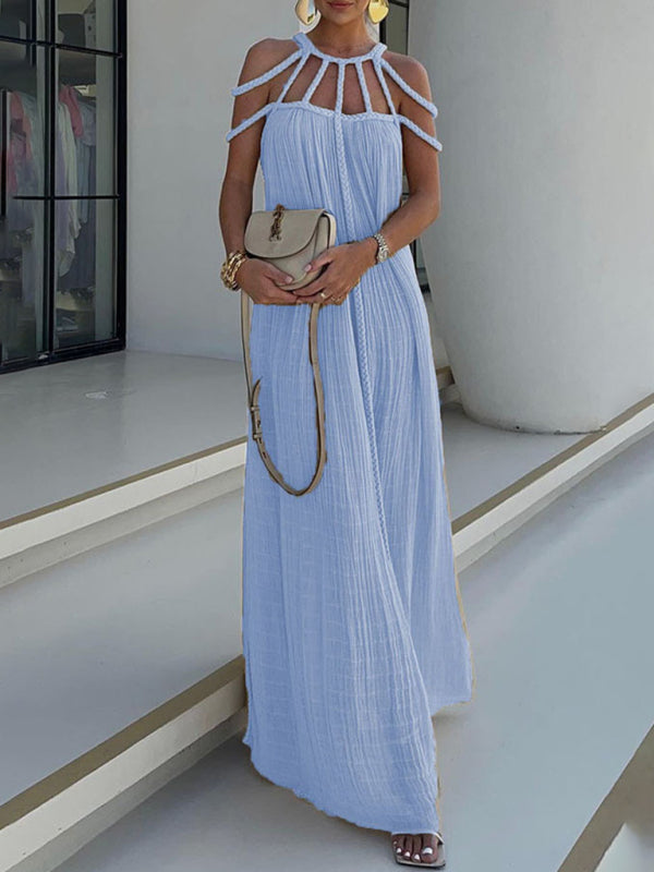 Casual Dresses- Women's Backless Maxi Dress with Braided Neck and Loose Tunic Fit- Clear blue- Pekosa Women Fashion