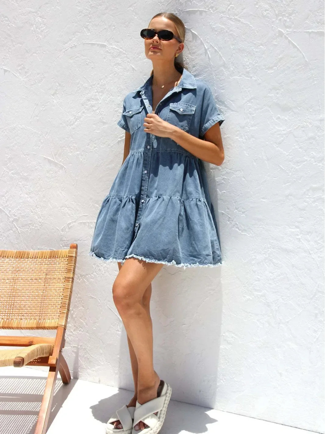 Casual Dresses- Women's Edgy Distressed Hem Denim Summer Dress- - Pekosa Women Fashion