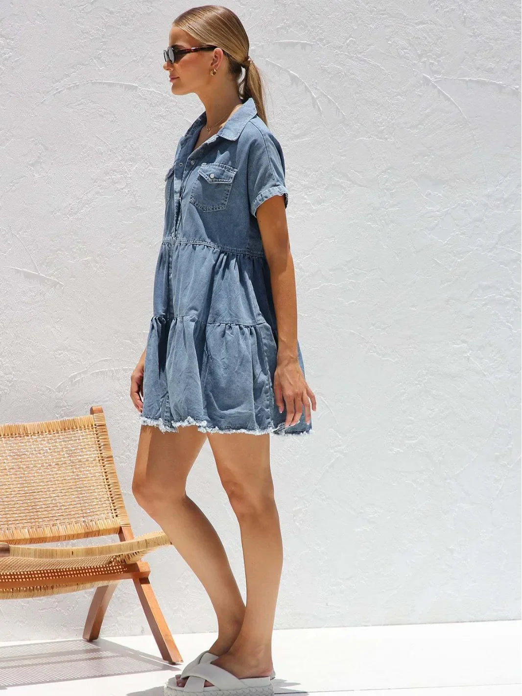 Casual Dresses- Women's Edgy Distressed Hem Denim Summer Dress- - Pekosa Women Fashion