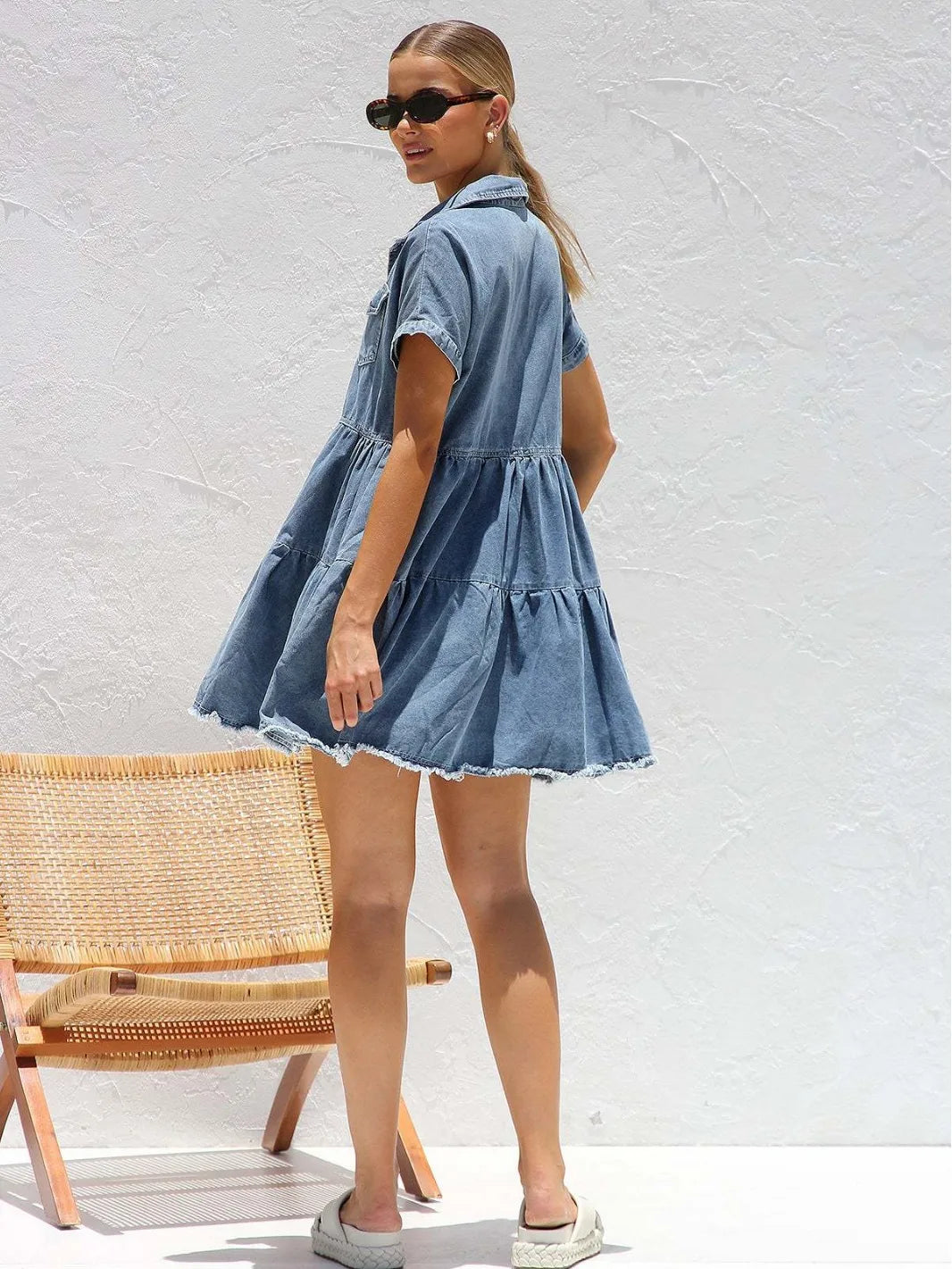 Casual Dresses- Women's Edgy Distressed Hem Denim Summer Dress- - Pekosa Women Fashion