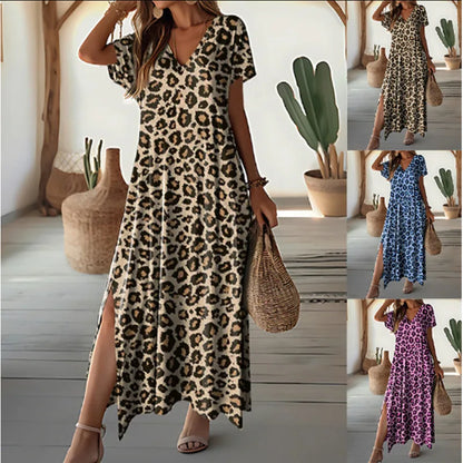 Casual Dresses- Women's Leopard Print Tunic Dress for Casual Outings & Picnics- - Chuzko Women Clothing