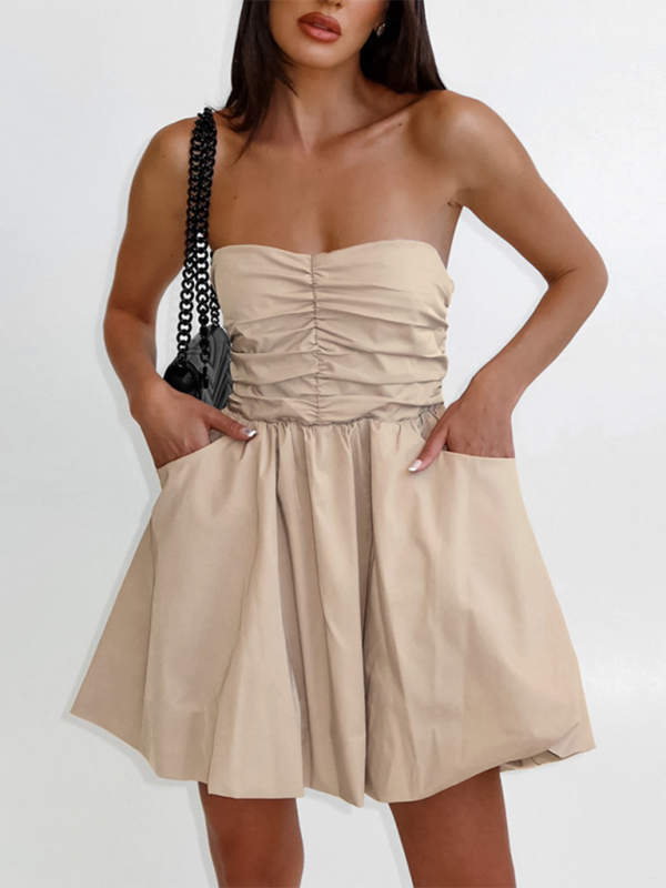 Casual Dresses- Women's Strapless Fit & Flare Mini Dress- Cracker khaki- Pekosa Women Fashion