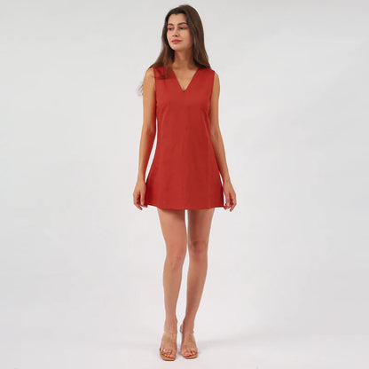 Mini robe trapèze à col en V pour femme en coton et lin pour l'été