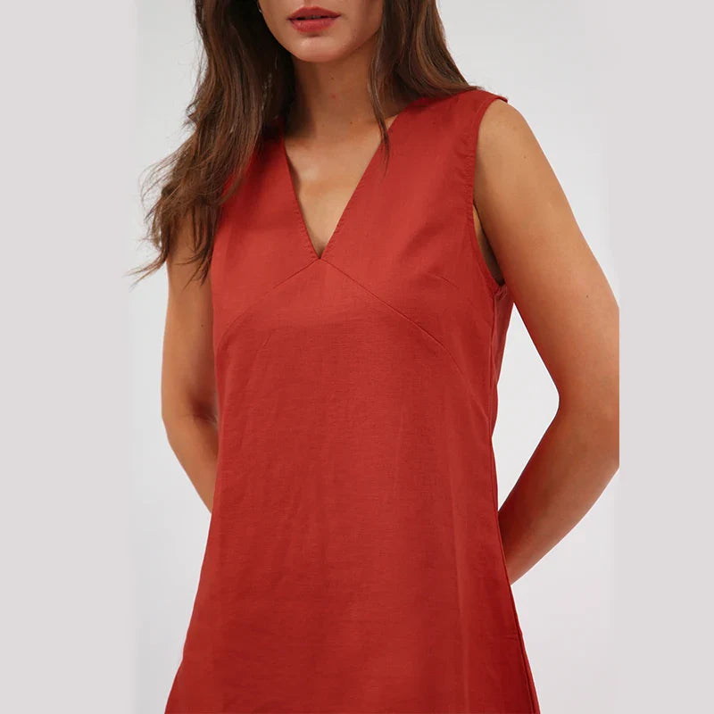 Women's V-Neck A-Line Mini Dress in Cotton Linen for Summer