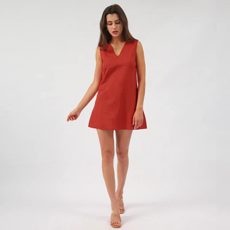 Mini robe trapèze à col en V pour femme en coton et lin pour l'été