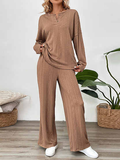 Casual Outfits - Casual Oversized Textured Set for Women Henley Top & Pants