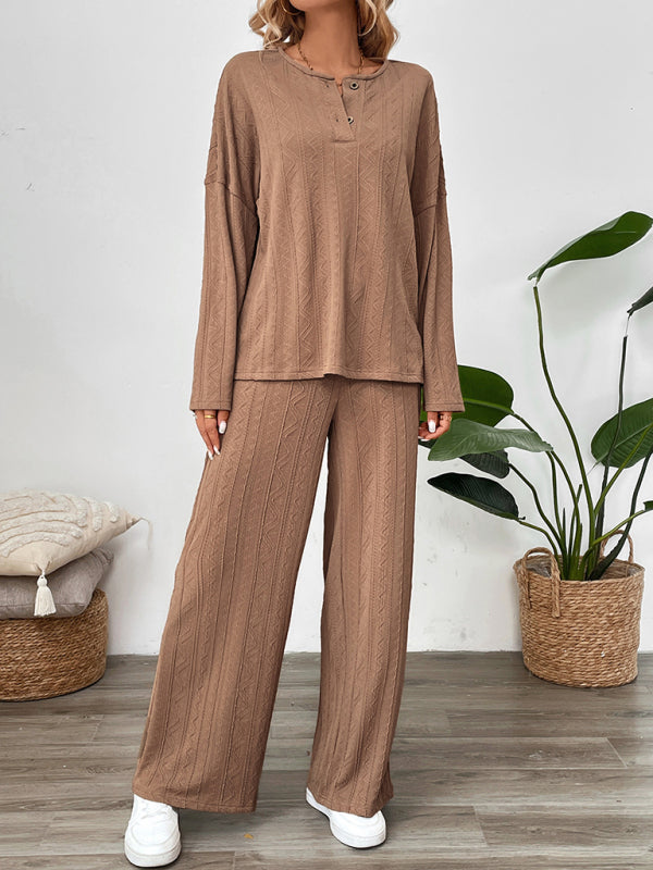 Casual Outfits - Casual Oversized Textured Set for Women Henley Top & Pants