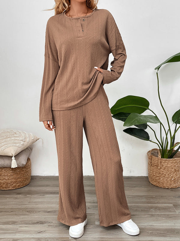 Casual Outfits - Casual Oversized Textured Set for Women Henley Top & Pants