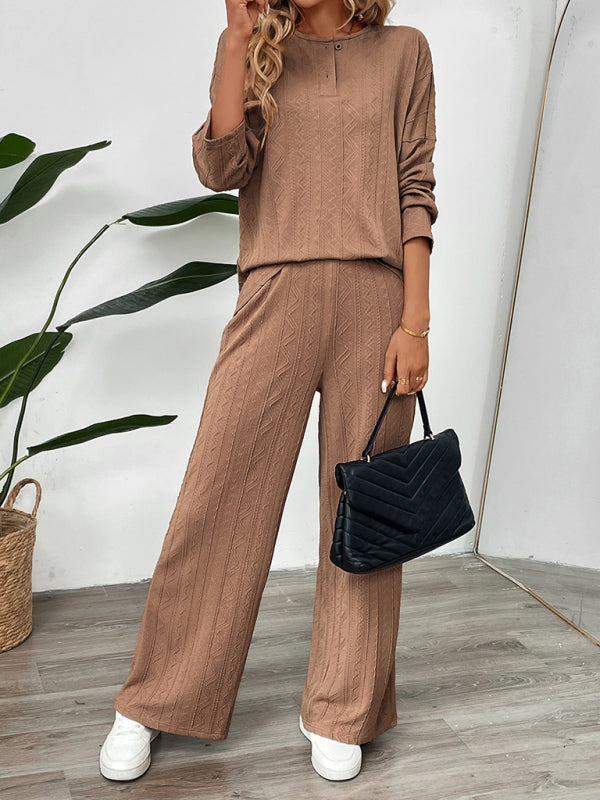 Casual Outfits - Casual Oversized Textured Set for Women Henley Top & Pants