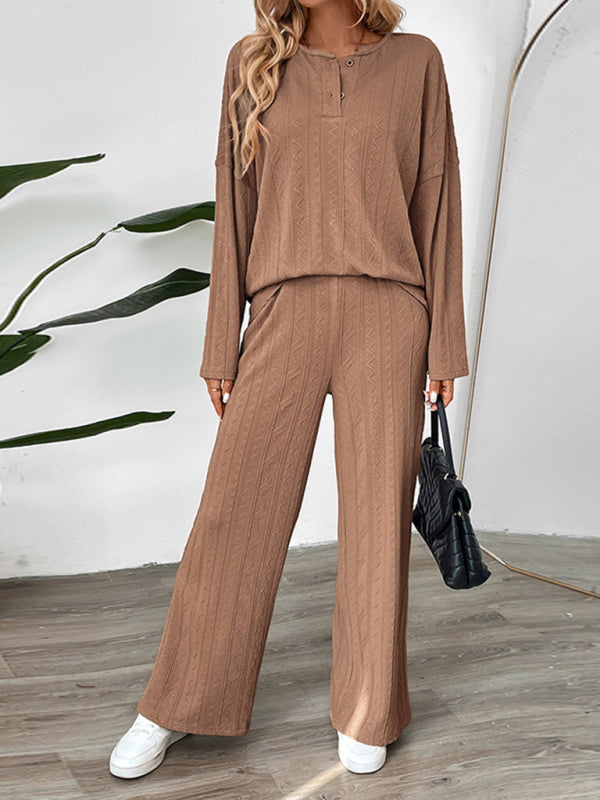 Casual Outfits - Casual Oversized Textured Set for Women Henley Top & Pants