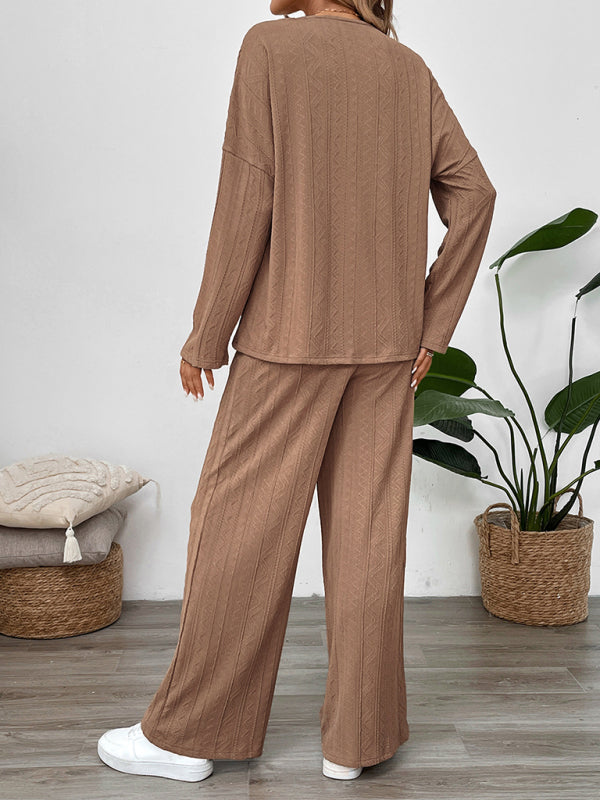 Casual Outfits - Casual Oversized Textured Set for Women Henley Top & Pants