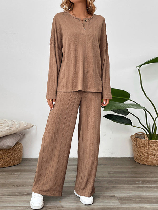 Casual Outfits - Casual Oversized Textured Set for Women Henley Top & Pants