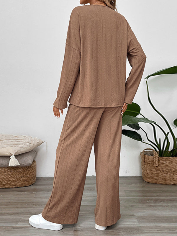 Casual Outfits - Casual Oversized Textured Set for Women Henley Top & Pants