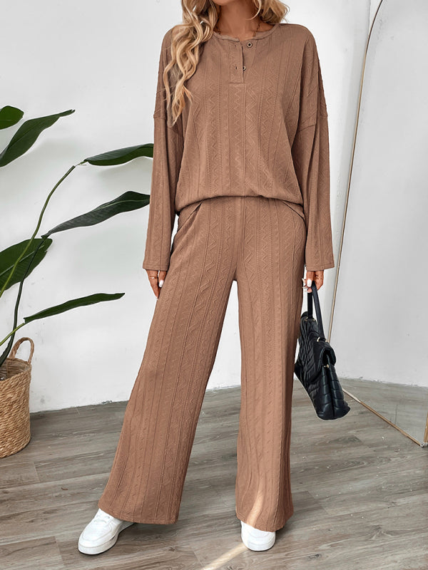 Casual Outfits - Casual Oversized Textured Set for Women Henley Top & Pants