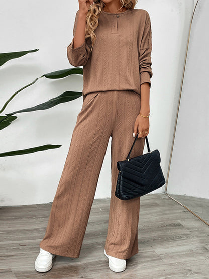 Casual Outfits - Casual Oversized Textured Set for Women Henley Top & Pants