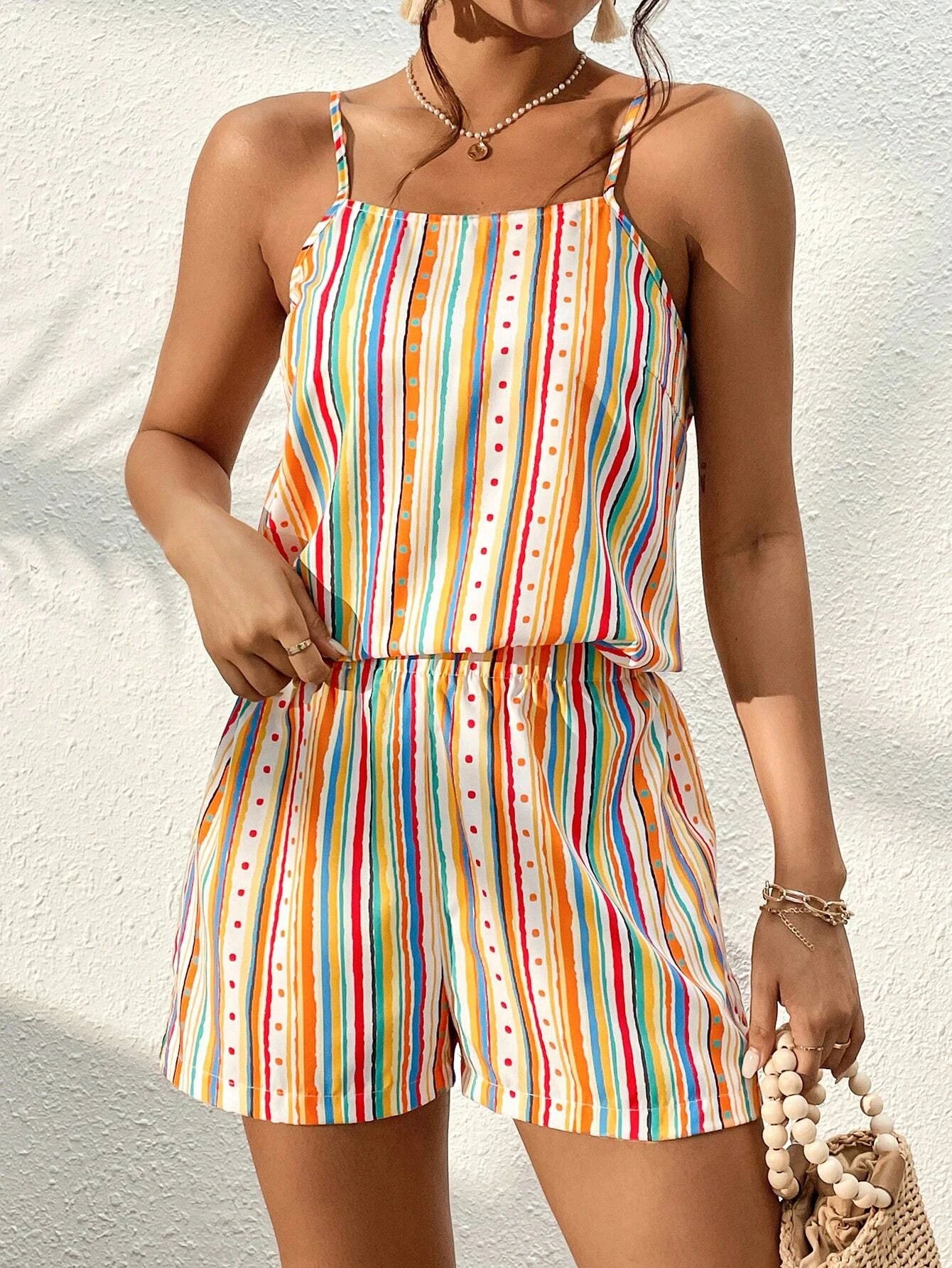 Casual Outfits - Colorful Stripes Cami & Shorts Set for Casual Outings