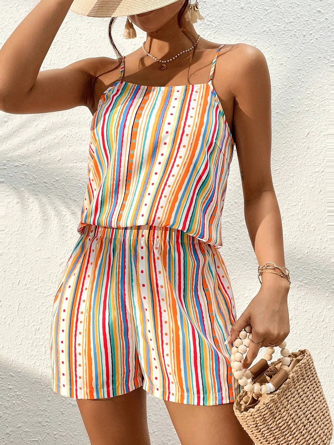 Casual Outfits - Colorful Stripes Cami & Shorts Set for Casual Outings