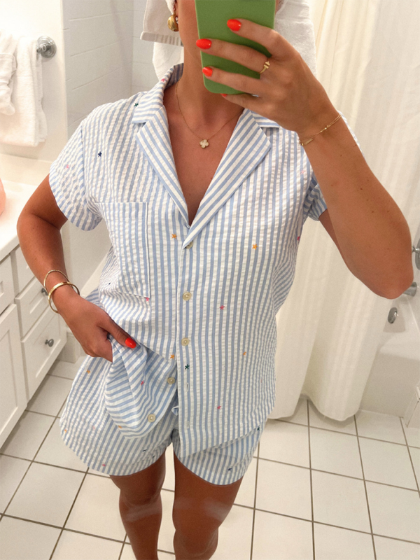 Casual Outfits- Love in Stripes Women's Summer Vacay Outfit with Relaxed Fit Shorts & Shirt- Blue- Pekosa Women Fashion