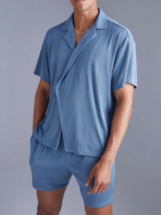 Casual Outfits- Relax Textured Notch Shirt & Matching Lounge Shorts for Men- Royal blue- Pekosa Women Fashion