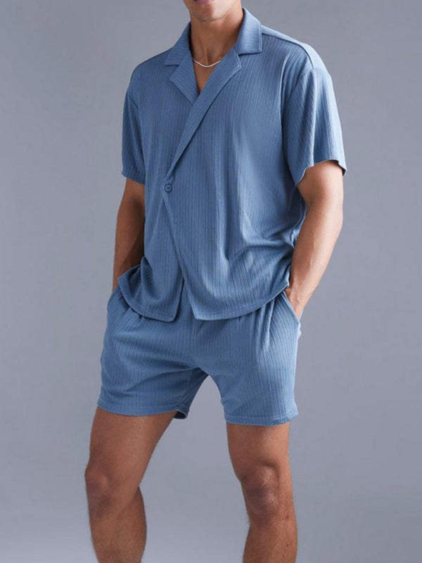 Casual Outfits- Relax Textured Notch Shirt & Matching Lounge Shorts for Men- - Pekosa Women Fashion