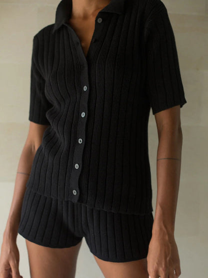 Casual Outfits- Summer Knitting Ribbed Lounge Set - Shorts & Shirt- Black- Pekosa Women Fashion