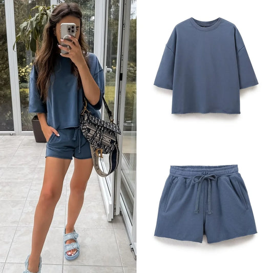 Casual Outfits - Women's Casual Lounge Set - Shorts and Tee for Summer