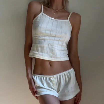 Casual Outfits- Two-Piece Lounge Set with Shorts and Cami for Women- White- Pekosa Women Fashion