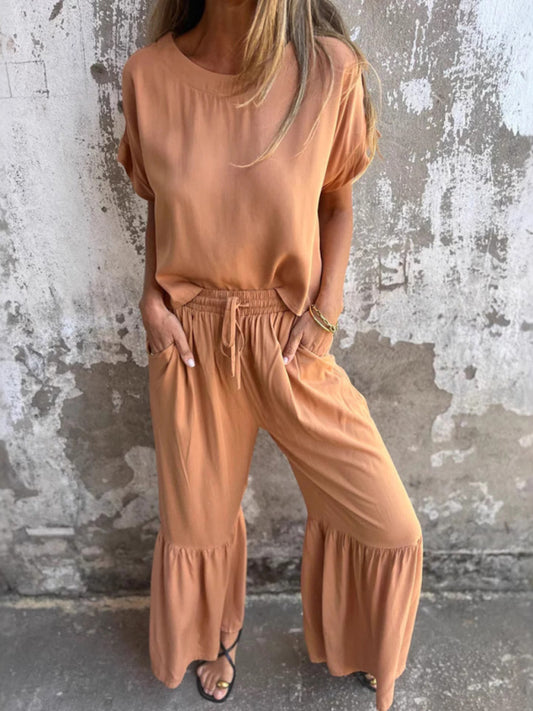 Casual Set - Women's Casual Palazzo Pants and Blouse Set