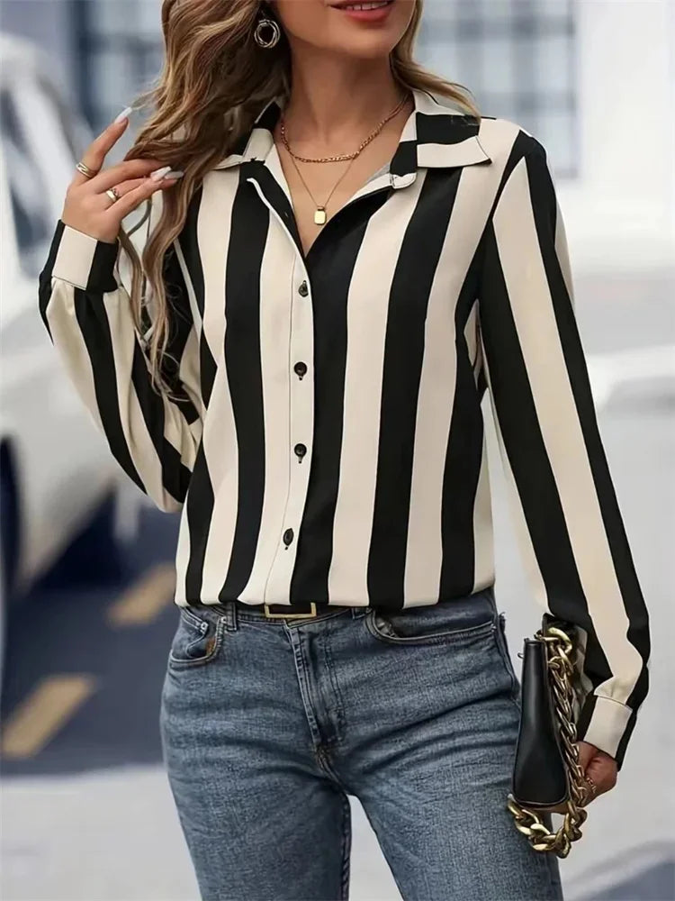 Casual Shirts - Long Sleeve Striped Shirt for Women