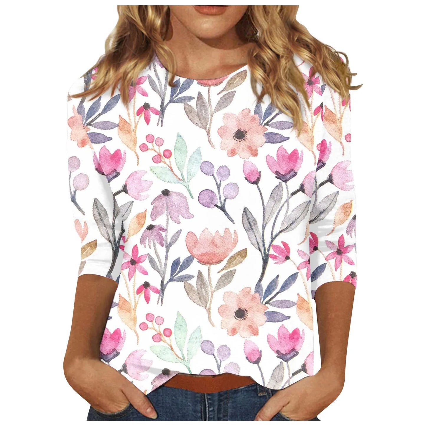 Casual 3/4 Sleeve Floral Print Galore Pullover Top