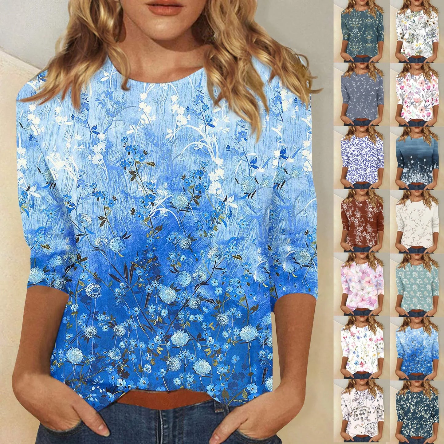 Casual 3/4 Sleeve Floral Print Galore Pullover Top