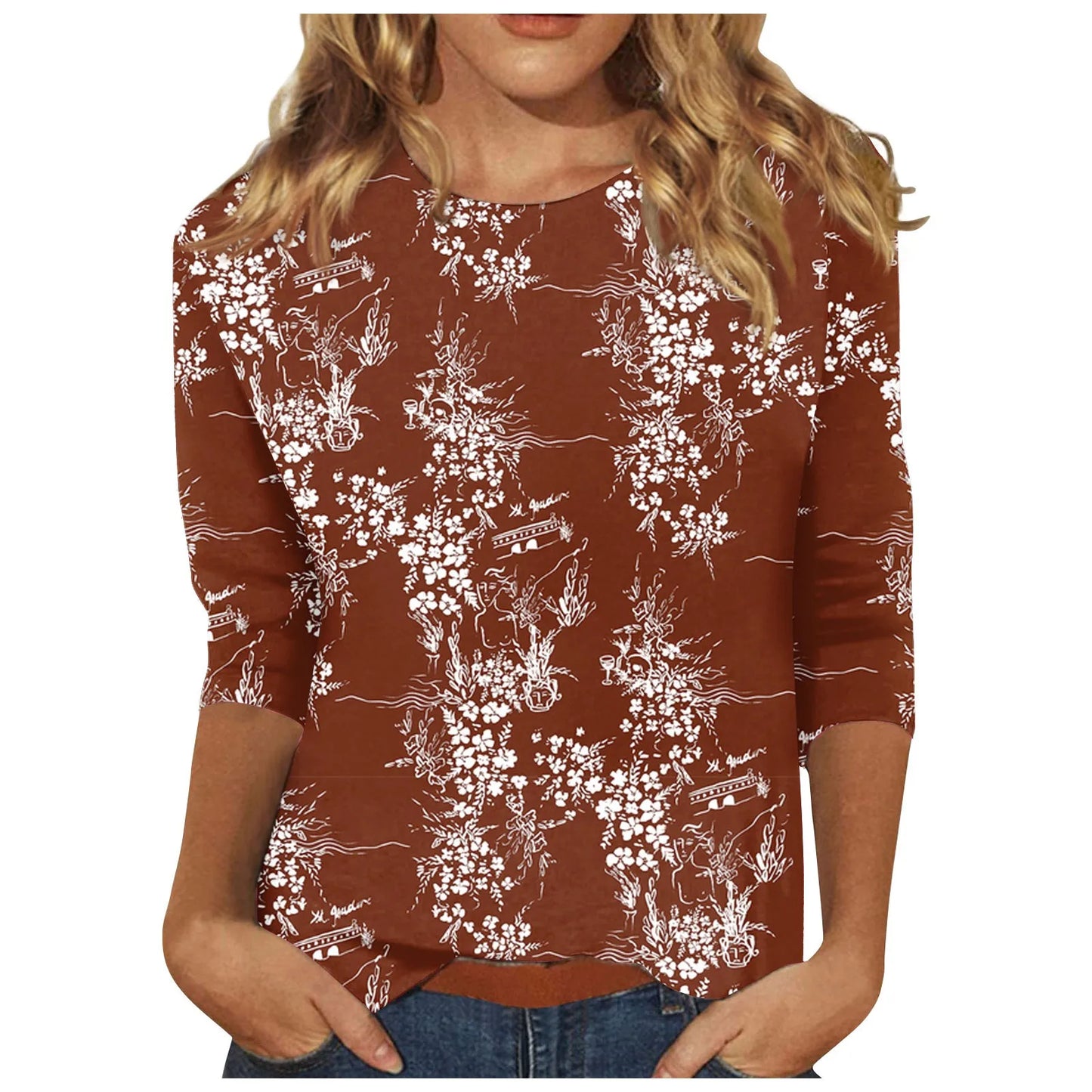 Casual 3/4 Sleeve Floral Print Galore Pullover Top